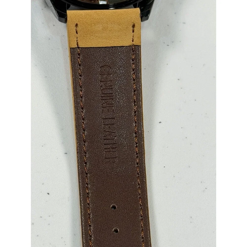 Automatic Mechanical Men’s Watch 44mm Black Case Brown Leather Strap New